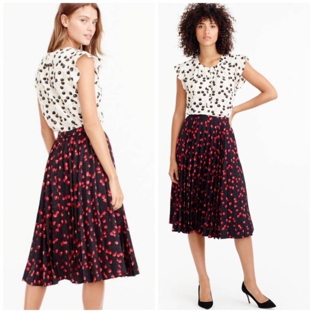 J. CREW Cherry Print Black Pleated Accordion Midi Skirt Size 4